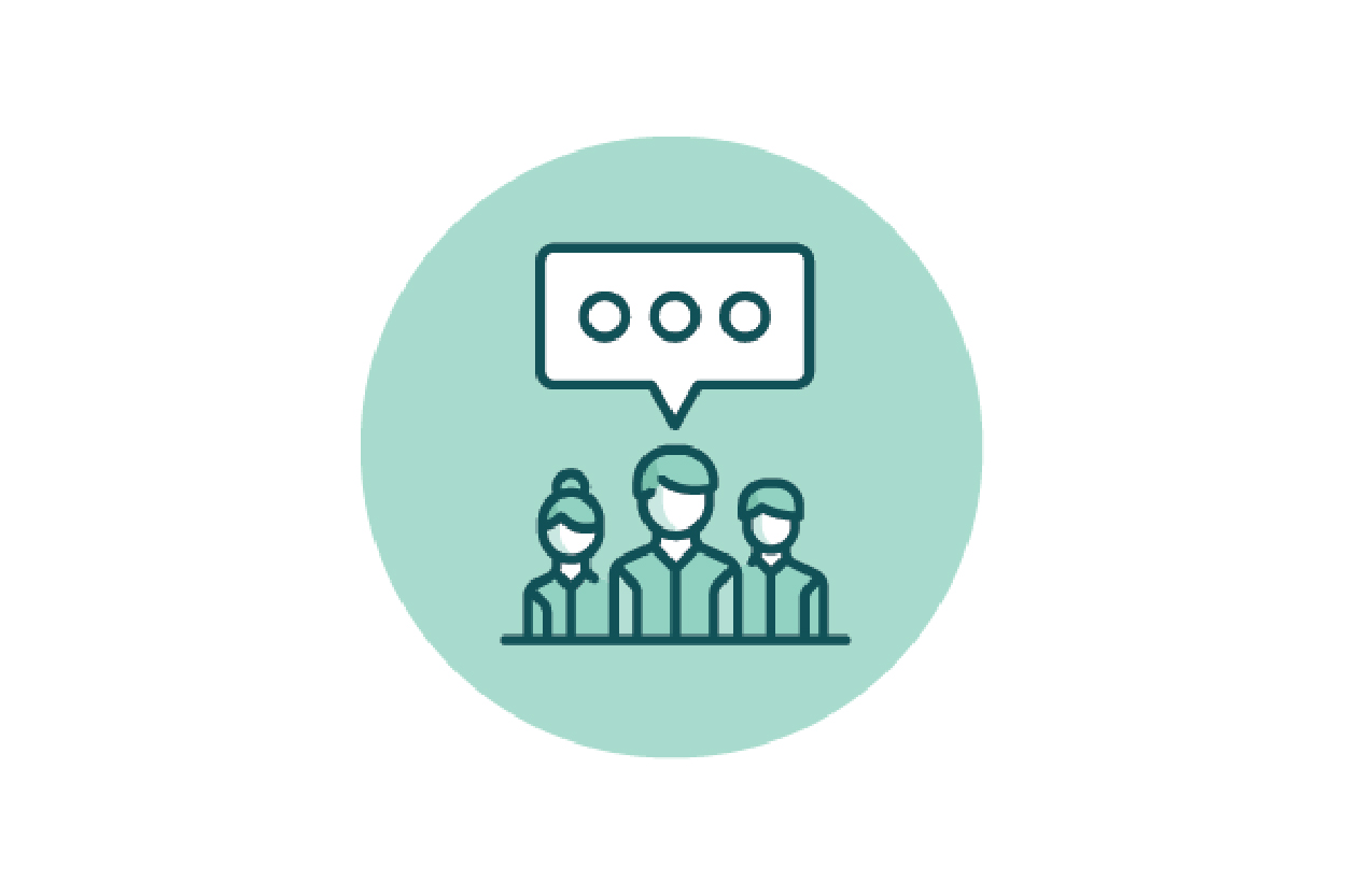 Three people with speech bubble, representing public showcasing or sharing.